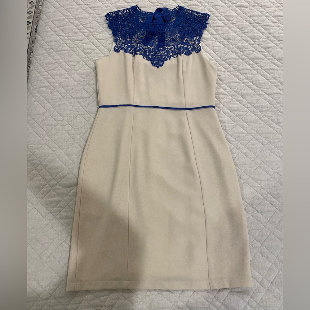 Esley Cream Dress with Blue Lace Accent